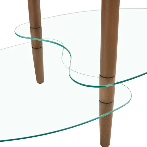 Vista 5 de Mesa auxiliar ovalada de vidrio templado de 3 capas con patas de madera de roble de almacenamiento, mesa auxiliar moderna para sala de estar