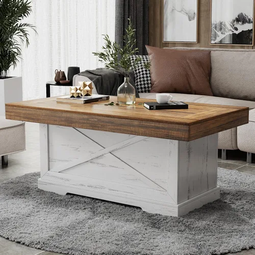 Vista 8 de Lareth - Mesa de centro rústica de 39 pulgadas para sala de estar con diseño en X, rectangular Nogal blanco antiguo