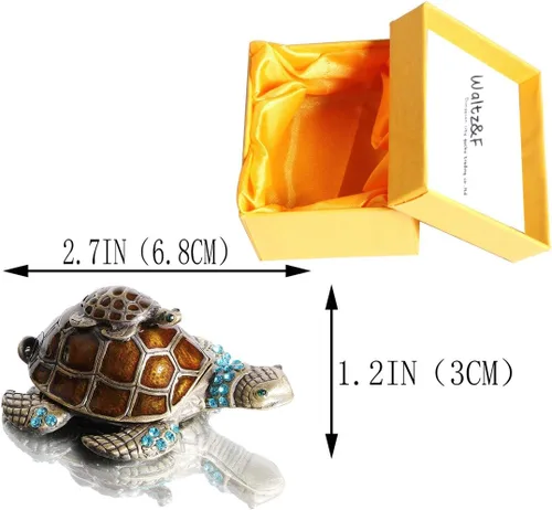 Vista 2 de Waltz&F Joyero de tortuga con cristales verdes claros brillantes, caja de baratijas con bisagras, figura pintada a mano, soporte para anillo