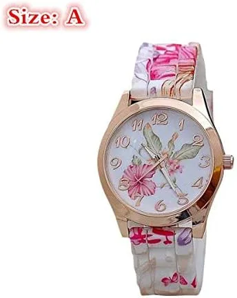 Vista 2 de Reloj para mujer, reloj de pulsera de cuarzo con estampado de flores y arco iris de silicona, cronógrafo (A)