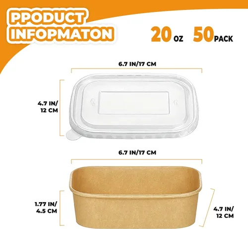 Vista 2 de Kaderron 50 Pack 20 OZ Large Paper Bowls with Lids with Spoons and Forks, Heavy Duty Disposable Meal Prep Containers for Party, Soak-Proof and