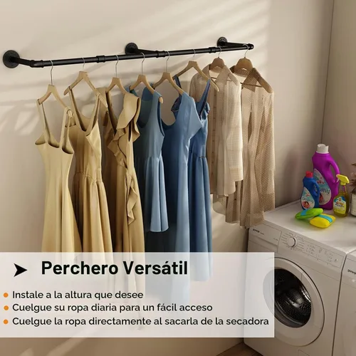 Vista 6 de Perchero de ropa montado en la pared de 60 pulgadas, estantes de ropa industriales de tubo para montar en la pared, barra de ropa desmontable