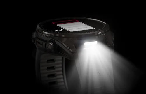 Vista 6 de Garmin Fenix 0.315 – 1.693 in Zafiro, AMOLED Multisport GPS Smartwatch, gris carbón DLC titanio con silicona negro/gris guijarro, linterna LED fenix