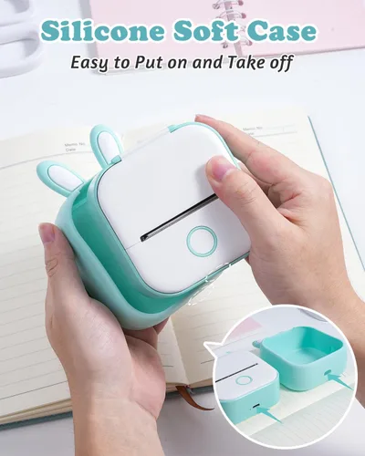 Vista 3 de Memoking T02 - Funda protectora con forma de orejas de conejo, silicona suave, sin BPA, lindo diseño de impresora, compatible con T02 Mini Bluetooth