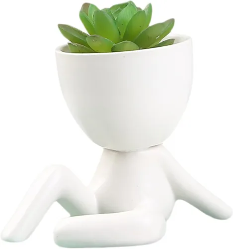 Vista 6 de DIYOMR Bonita maceta de cerámica humanoide, 4.3 pulgadas, muñeca blanca, pequeñas macetas de bonsái para suculentas, diseño creativo para decoración