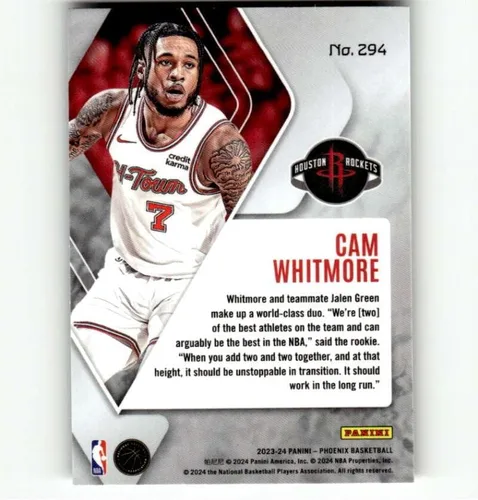 Vista 2 de 2023-24 Panini Phoenix #294 Cam Whitmore RC Rookie Houston Rockets NBA Basketball Base Trading Card