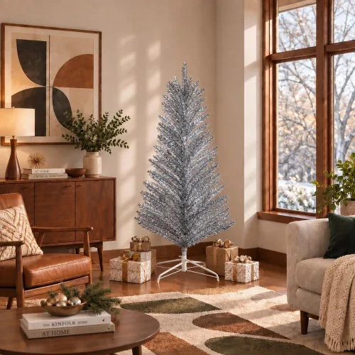 Vista 3 de Vickerman Árbol de Navidad artificial de aluminio vintage de 5 x 37 pulgadas con 72 ramas extraíbles de PVC, sin luz, cuenta con puntas de PVC