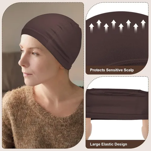 Vista 3 de Janmercy 4 Pcs Bamboo Wig Caps for Women Fiber Wig Liner Bald Caps Elastic Breathable Sleep Cap for Hair Loss Chemotherapy Marrón oscuro