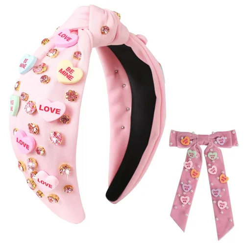 Vista 20 de Diademas de corazón de caramelo para el día de San Valentín para mujer, diadema de corazón de conversación de amor con diamantes de imitación