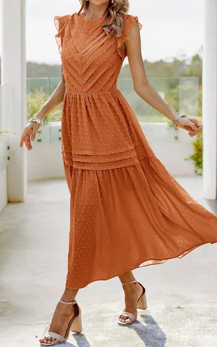 Vista 7 de Angashion Vestido largo de verano para mujer, casual, cuello redondo, manga casquillo, lunares suizos, plisado, liso, largo, vestido skater