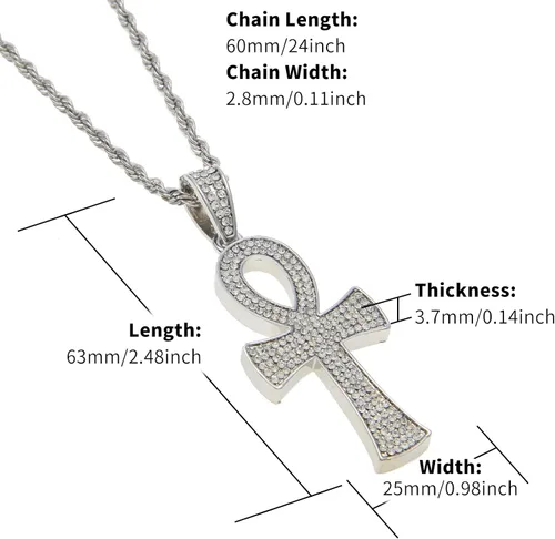 Vista 4 de ZeaLian Collar de cruz de circonita, hip hop, chapado en oroplata, cristal egipcio, collar de cruz de cristal egipcio copto Ankh, joyería