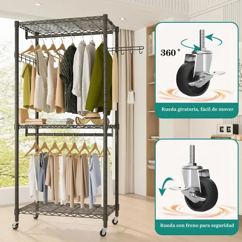 Vista 3 de Perchero Rodante de Servicio Pesado para Ropa, 3 Niveles de Estantes de Alambre Ajustable Independiente Portátil Perchero Rodante para Ropa
