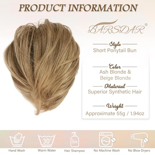 Vista 4 de BARSDAR Extensiones de Moño de Cabello Liso - Extensiones de Moño de Cola de Caballo Corta y Lisa para Mujeres, Coleteros de Moño de Cabello