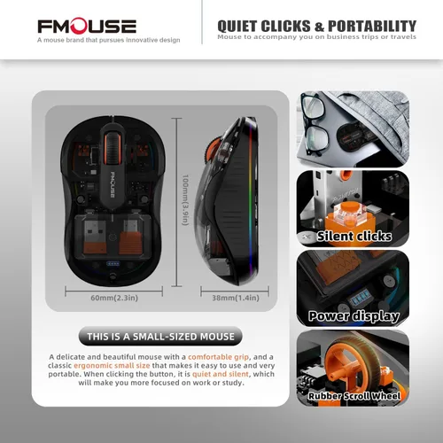 Vista 5 de FMOUSE Ratón Inalámbrico Transparente Novedoso, Tri-Modo (Bluetooth Dual+2.4GHz), Receptor USB-C Ideal para MacBook/Portátiles/PC, Recargable