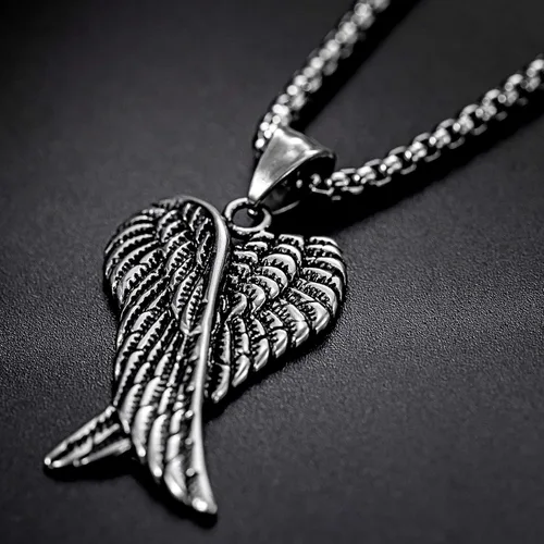 Vista 6 de Herinos Cadena de collar con colgante de acero inoxidable para hombres y mujeres, diseño de alas retro con diseño de calavera de plumas cruzadas