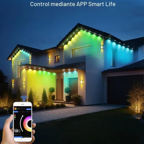 Vista 9 de Rosykite Luces de Navidad al Aire Libre - 50 pies de luces inteligentes RGB+IC para canalones con 63 escenas, impermeables IP67, control de voz