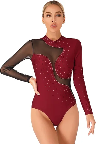 Vista 6 de iiniim Leotardo de malla para mujer, con diamantes de imitación, de malla, de manga larga, leotardos de gimnasia