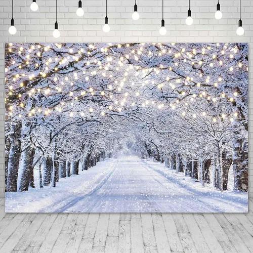Vista 2 de Telón de Fondo Fotográfico de Escena Invernal de 7x5 Pies País de las Maravillas Copo de Nieve Brillo Nieve Paisaje Árbol Decoración Navidad Fiesta