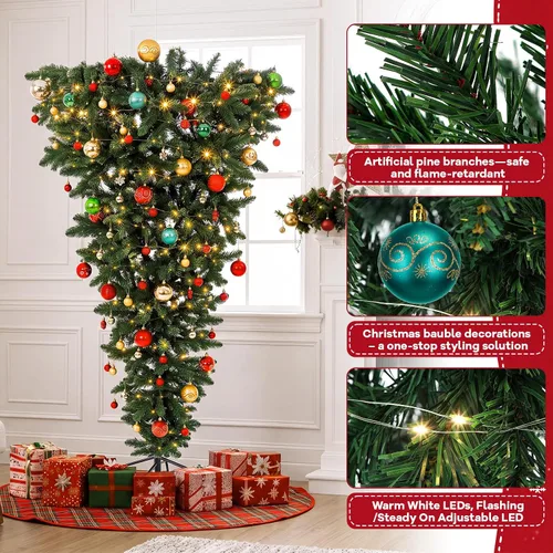 Vista 4 de Blueweenly Árbol de Navidad invertido de 5.9 pies con 88 bolas y luz cálida