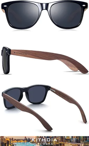 Vista 3 de Kithdia gafas de sol de madera de bambú hechas a mano para hombres y mujeres con lente polarizada - gafas de sol de madera S7061