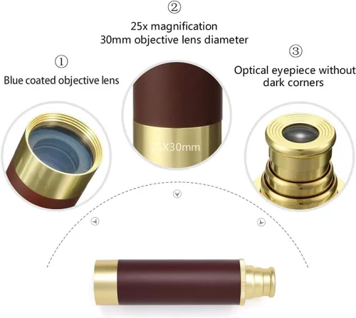 Vista 3 de Telescopio monocular pirata con caja de madera, 25 x 30 pulgadas, de alta potencia, plegable, de latón, monocular impermeable de mano