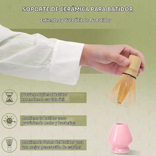 Vista 4 de Pink Ceramic Matcha Set, 6 Pcs - Bowl, Whisk (Chasen), Holder, Sifter, Bamboo Scoop & Spoon Rosa