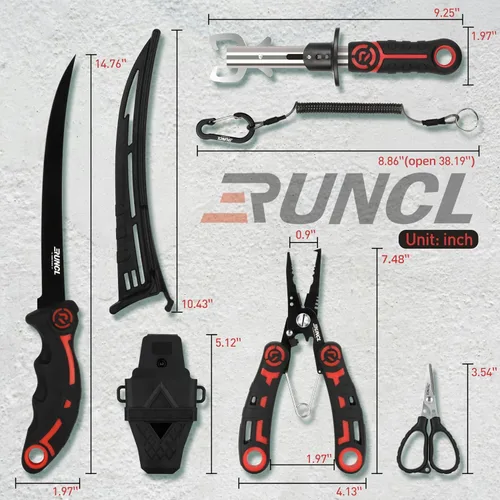Vista 5 de RUNCL - Juego de herramientas de pesca de 4 piezas, alicates de pesca, cuchillo de filete de pescado con afilador, pinza de labios de pescado