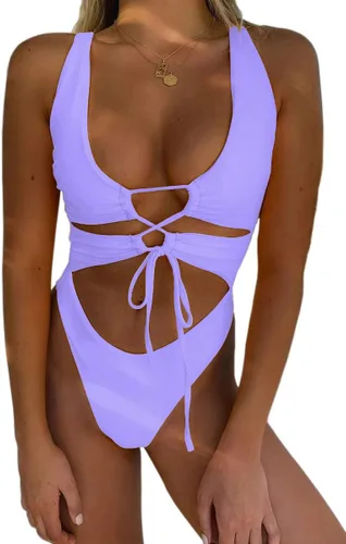 Vista 17 de Traje de baño sexy de una pieza con recortes, encaje, espalda descubierta y corte alto monokini para mujer Azul bebé