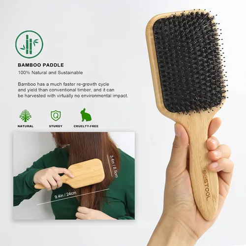 Vista 3 de BESTOOL Cepillo de pelo de jabalí y cerdas de nailon para todos (mujeres, hombres, niños) para cabello húmedo y seco, masaje desenredante, mejora