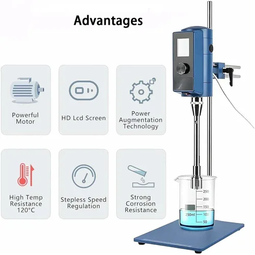 Vista 4 de Lab Digital Overhead Stirrer 500W High Shear Mixer with HD LCD Timer Display, Stepless Speed Regulation 2000-28000 RPM, Power Boost Technology