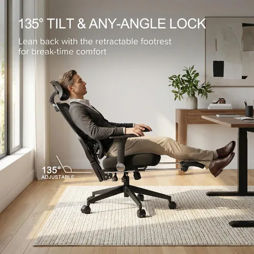 Vista 7 de Silla de oficina ergonómica de malla con reposabrazos, silla de escritorio grande y alta con soporte lumbar, silla giratoria de computadora