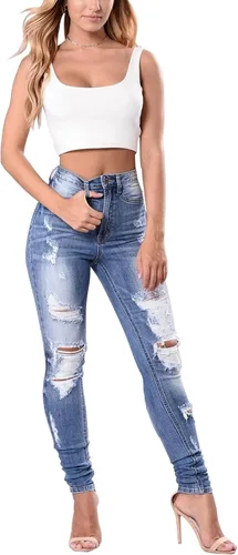 Vista 47 de KUNMI - Pantalones de mezclilla clásicos de cintura alta para mujer, elásticos, con efecto de levantamiento de glúteos, ajustados