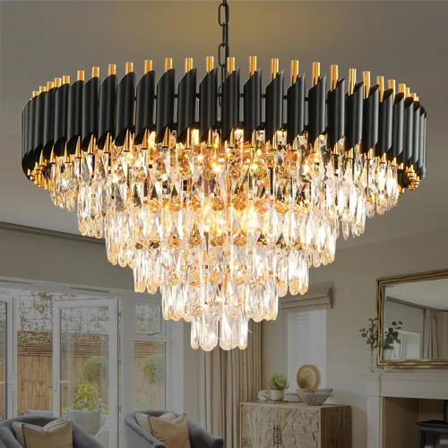Vista 14 de Candelabro de cristal moderno dorado de 5 niveles para sala de estar, lámpara de araña grande de cristal negro, lámpara colgante de techo