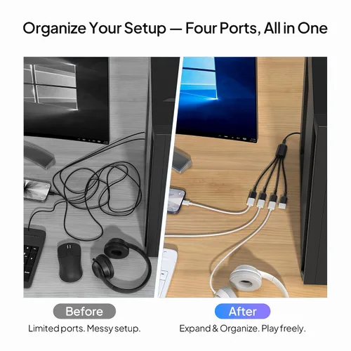 Vista 4 de Elebase Divisor USB de 1 en 4 salidas de 1 pie, cargador USB Sp-Litter, cable USB Y multipuerto, cable divisor de extensión USB, adaptador de carga