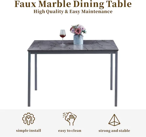 Vista 4 de Mesa de comedor de mármol con parte superior de MDF y marco de metal, mesa de cocina rectangular para restaurante, apartamento y espacio pequeño