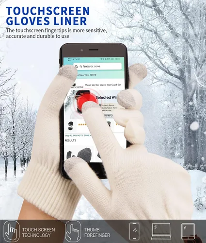 Vista 3 de Guantes de mujer de invierno con pantalla táctil de lana mágicos y cálidos de punto con forro de vellón para mujer Beige
