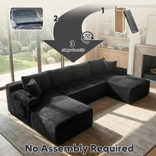 Vista 5 de Sofá grande sin hueso de 125 pulgadas con diván, moderno sofá modular con asiento profundo, sofá tapizado de pana en forma de U para sala de estar