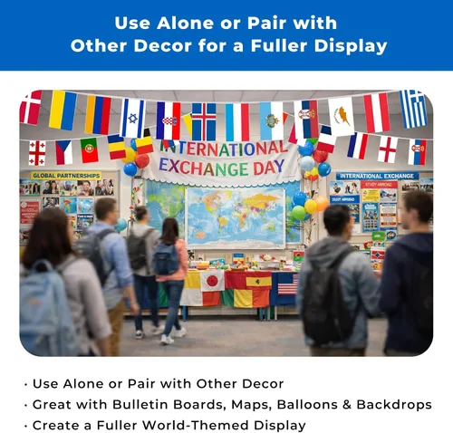 Vista 9 de 100 banderas de país de 82 pies, banderas de poliéster reutilizables del mundo pre-encordadas para decoración de aula, fiesta, festival, patio