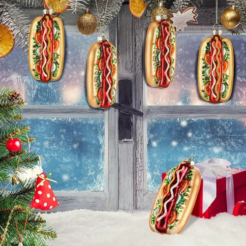 Vista 5 de 2 adornos navideños hechos a mano de vidrio soplado para decoración de chimenea de árbol de Navidad (estilo perro caliente) Handcrafted Glass