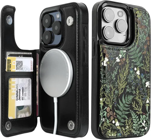 Vista 29 de uCOLOR - Funda tipo cartera para iPhone 15 con tarjetero y diseño de lunares con leche de almendra Bloqueo RFID de piel sintética para mujeres