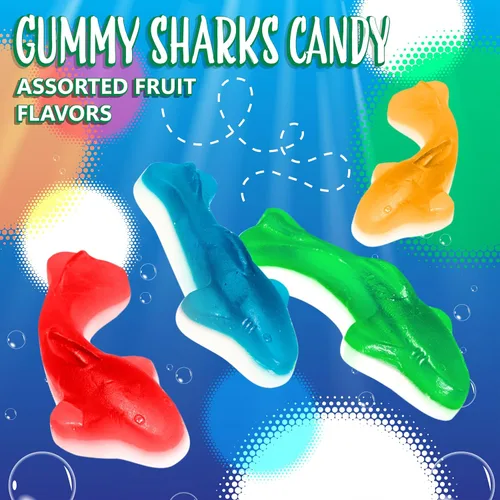 Vista 5 de Dulces de Tiburones Gomosos Bolsa de 1 libra Sabores Surtidos - Frambuesa Azul, Limón, Lima, Cereza Caramelo masticable, frambuesa azul