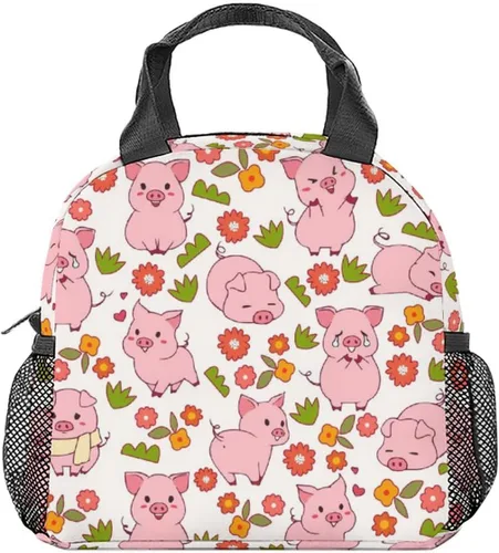 Vista 10 de Lonchera de cerdo – Lonchera aislada para niños – Bolsas de almuerzo rosadas lindas con bolsillos – Lonchera congelable mediana de 8L para la escuela