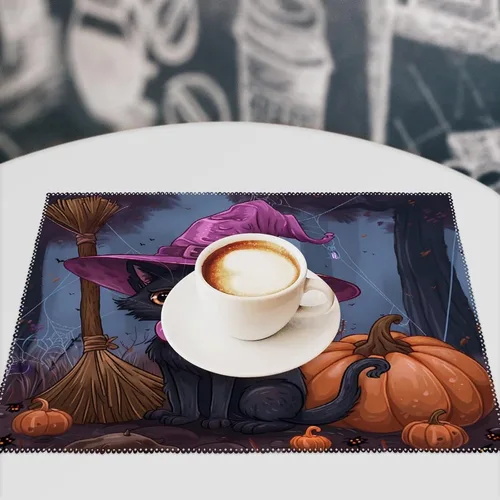 Vista 7 de Halloween Cat Pumpkin Lantern Placemats Set of 6 Resistant Table Mats Washable Place Mats for Dinner Party Table Decoration