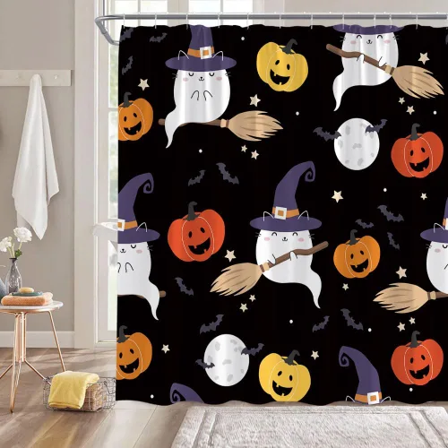 Vista 2 de Cortina de ducha de fantasmas de Halloween, diseño de bruja de dibujos animados, escoba fantasma, calabaza, murciélago, luna, divertida, bonita