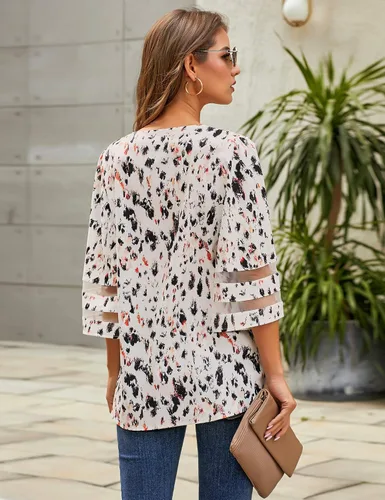 Vista 4 de LookbookStore - Camisa para mujer, estampada, con cuello en V, mangas 34 acampanadas con paneles de malla