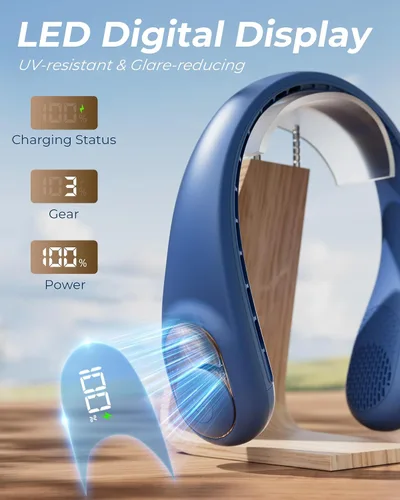 Vista 6 de Ventilador de cuello, ventilador personal con pantalla LED, recargable USB-C, batería de 4000 mAh, ajuste de 3 velocidades y funcionamiento