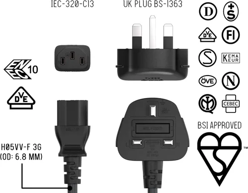 Vista 6 de Cable de alimentación IEC320 C13 a BS1363 Inglaterra con fusible 18AWG 13A/250V, resistente para PC, monitores, escáneres, impresoras, enchufe tipo