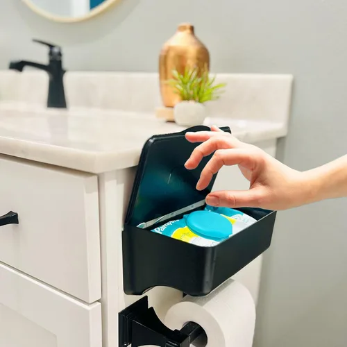 Vista 2 de Soporte para toallitas para baño – Organizador adhesivo de montaje en pared para toallitas húmedas – Estante de toallitas de inodoro de baño