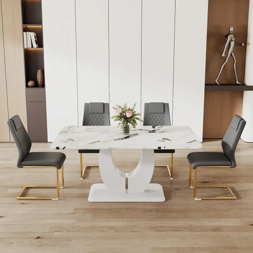 Vista 61 de JUFU Juego de mesa de comedor moderno para 4, juego de mesa de cocina rectangular de 63 pulgadas con mesa de mármol sintético y 4 sillas tapizadas