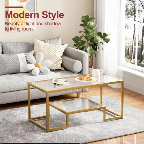 Vista 3 de Mesa de café Wolawu Mesa de café dorada de vidrio para sala de estar, mesa de centro rectangular de 2 niveles con tapa de vidrio acanalada y marco
